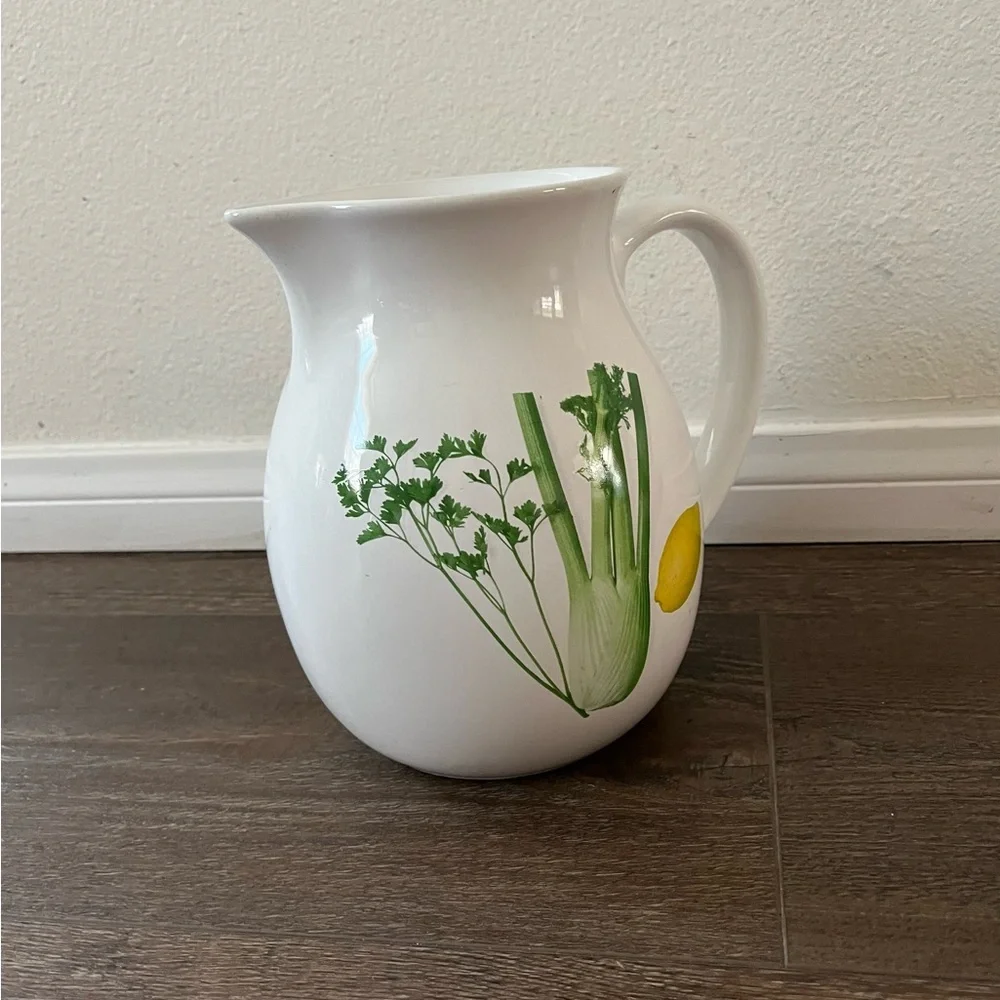 White Ceramic Pitcher with Herb and Lemon Design from Portugal